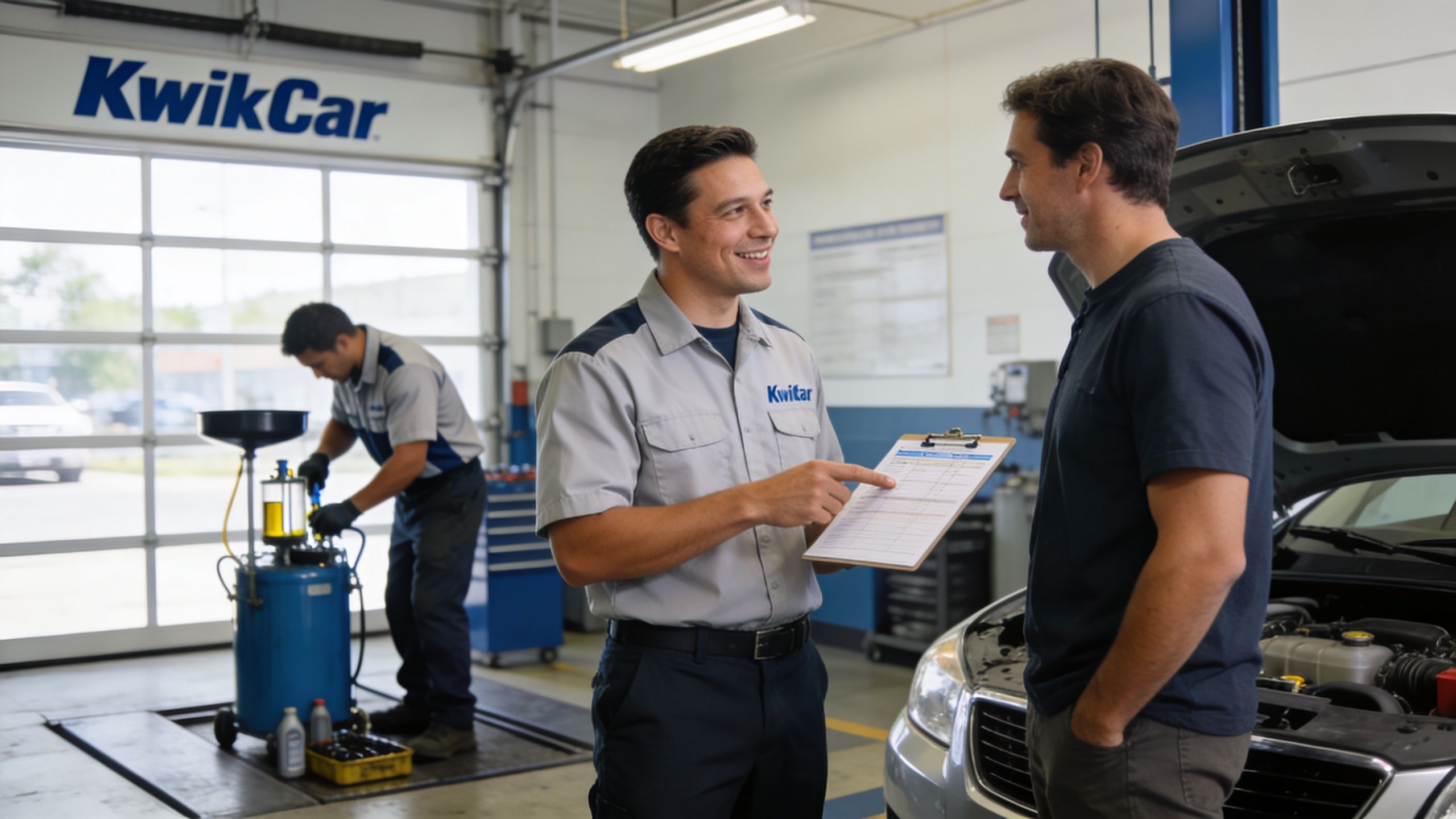 A friendly mechanic discusses vehicle maintenance records with a customer inside an automotive service garage.
