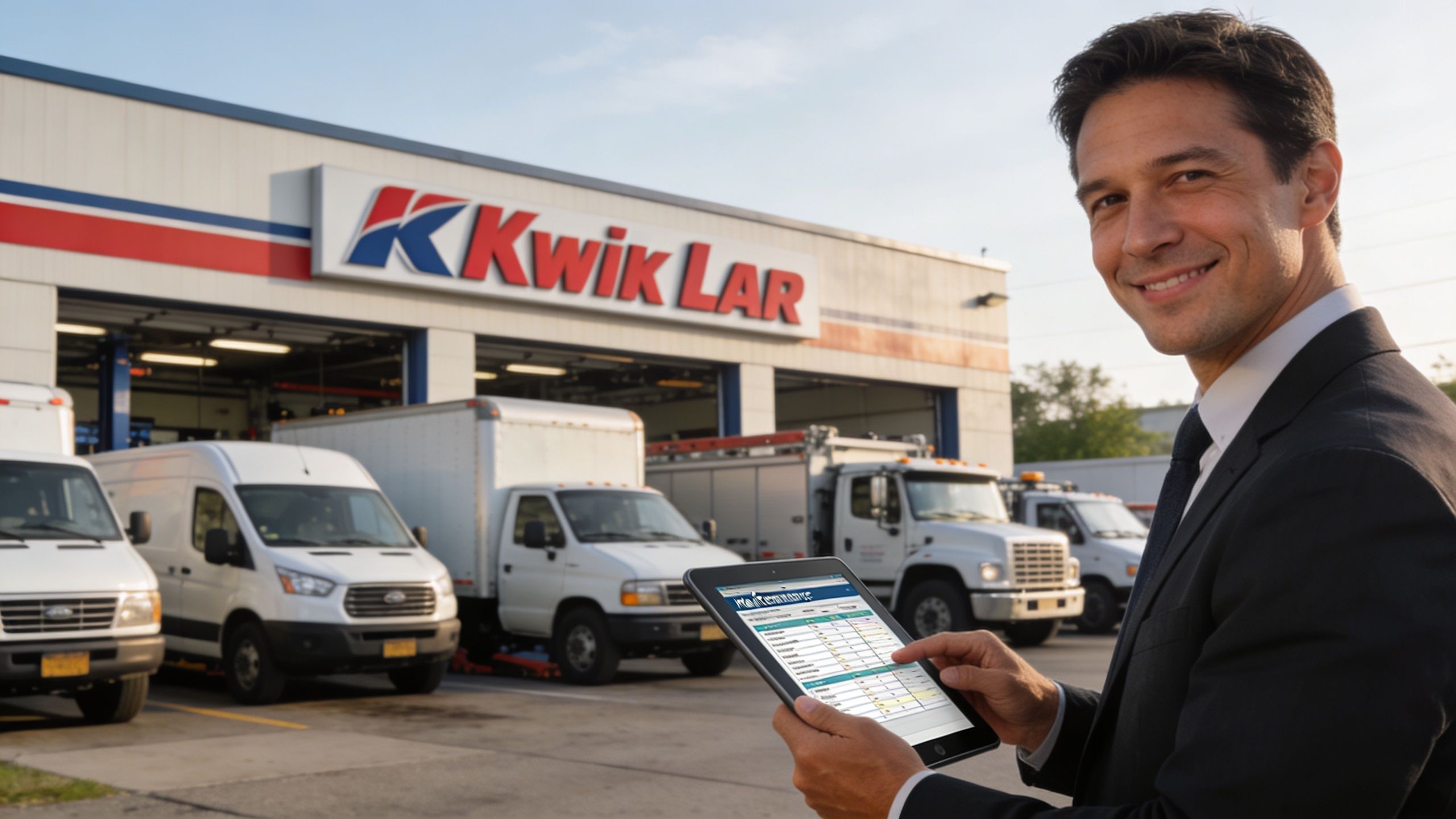 A professional man holding a tablet standing in front of a Kwik LAR vehicle service station.