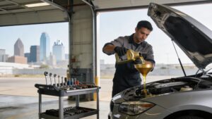 oil changing service mechanic working