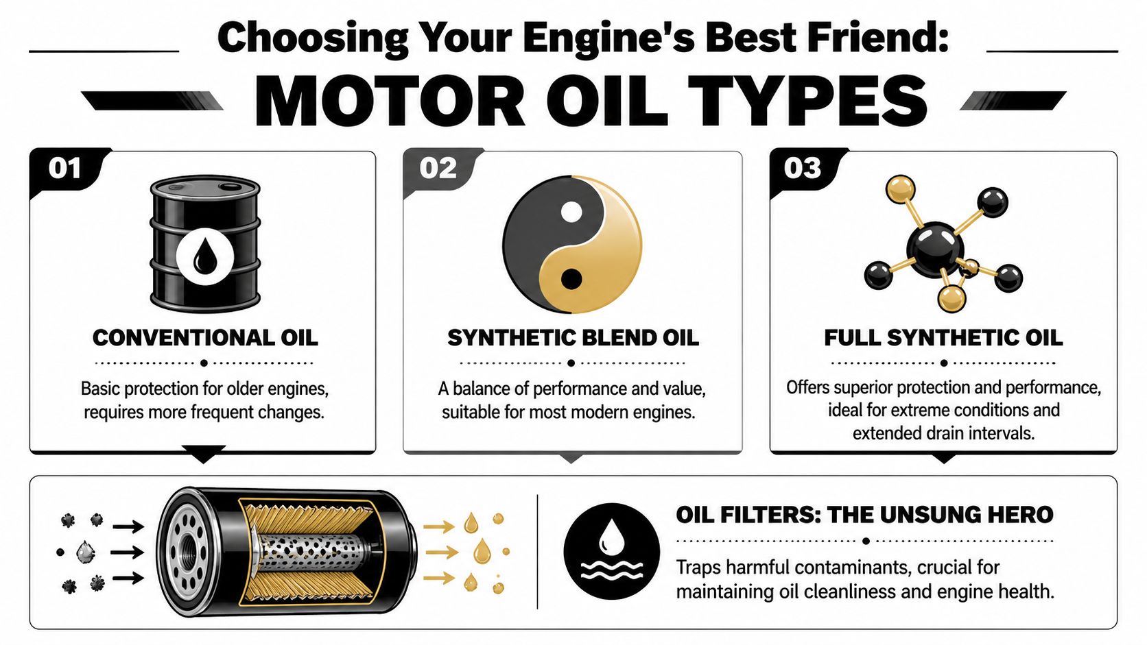 An infographic illustrating three types of motor oil, conventional, synthetic blend, and full synthetic, alongside oil filters.