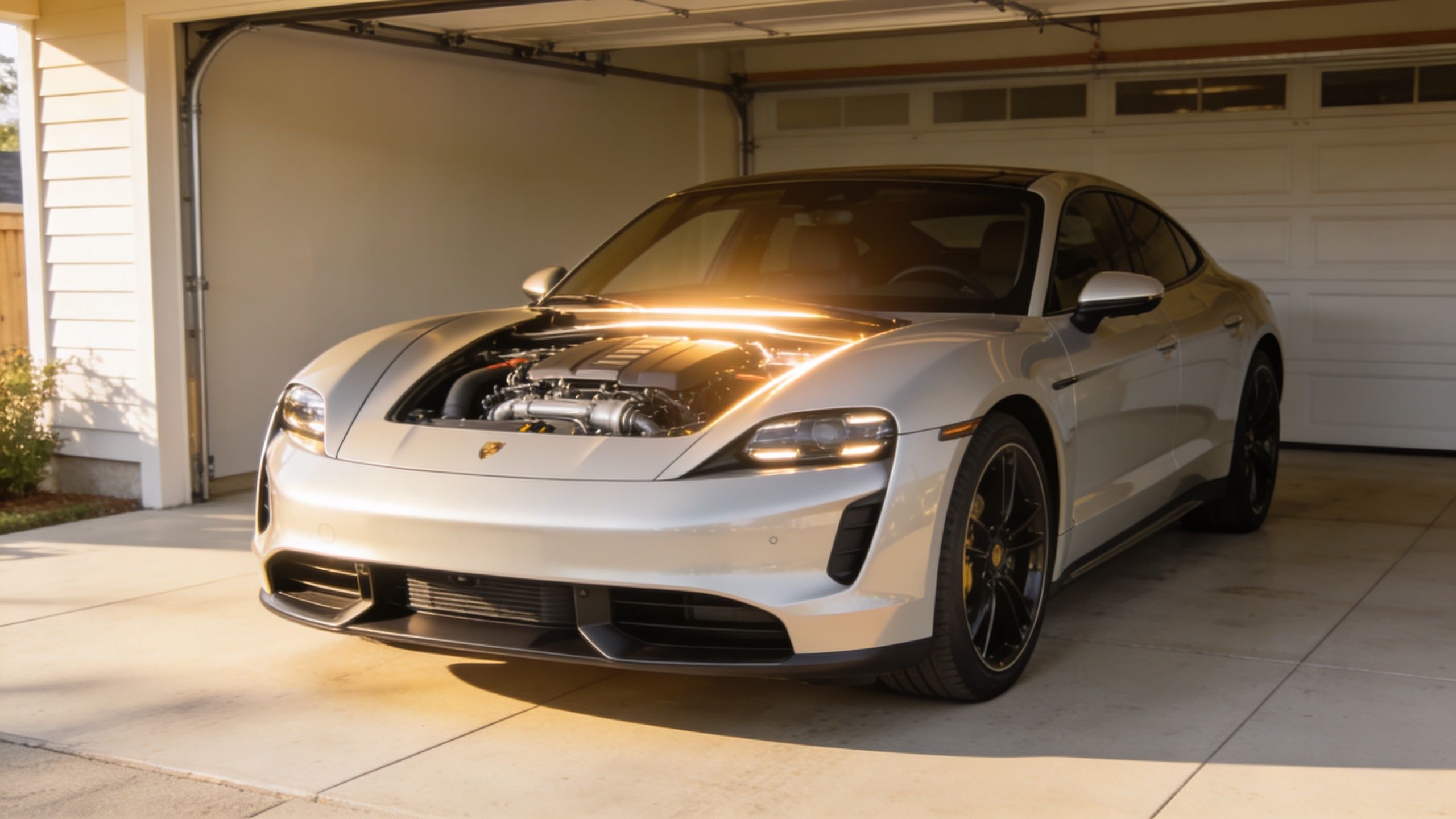 A silver Porsche electric car parked inside a garage with its front hood open, revealing mechanical components.
