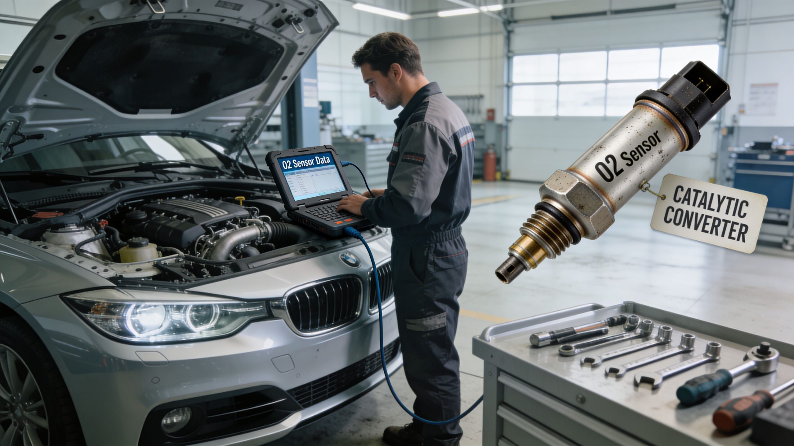 A professional mechanic in a workshop using diagnostic equipment to perform an O2 sensor smog check.