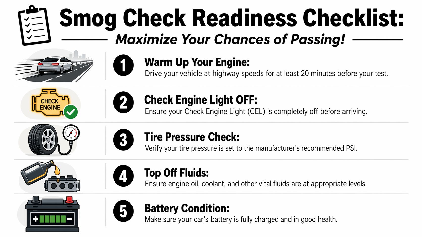 A five-step checklist illustrating how to prepare a vehicle for a successful smog check inspection.