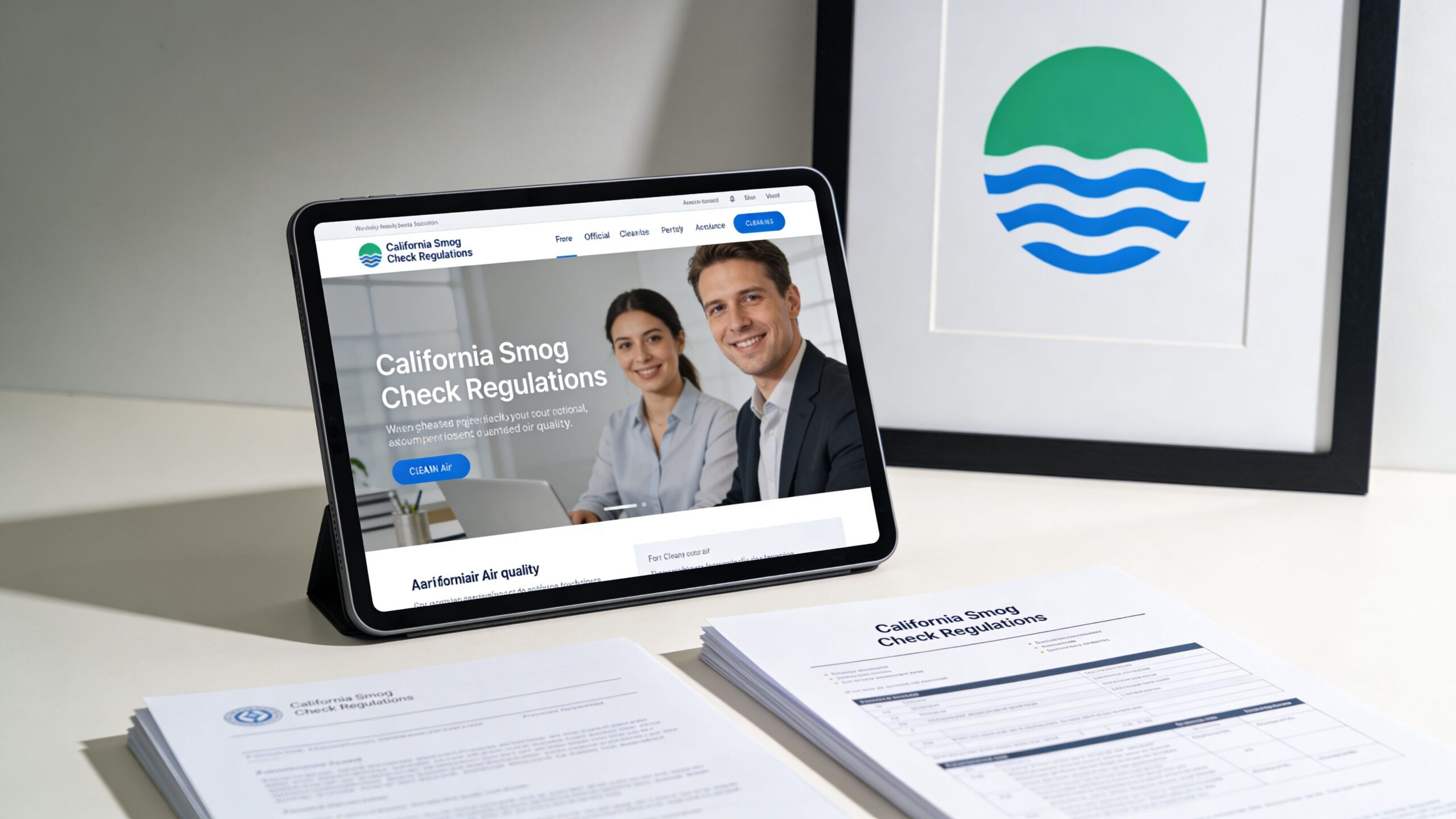 A tablet displaying a website about California smog check regulations next to printed documents on a desk.