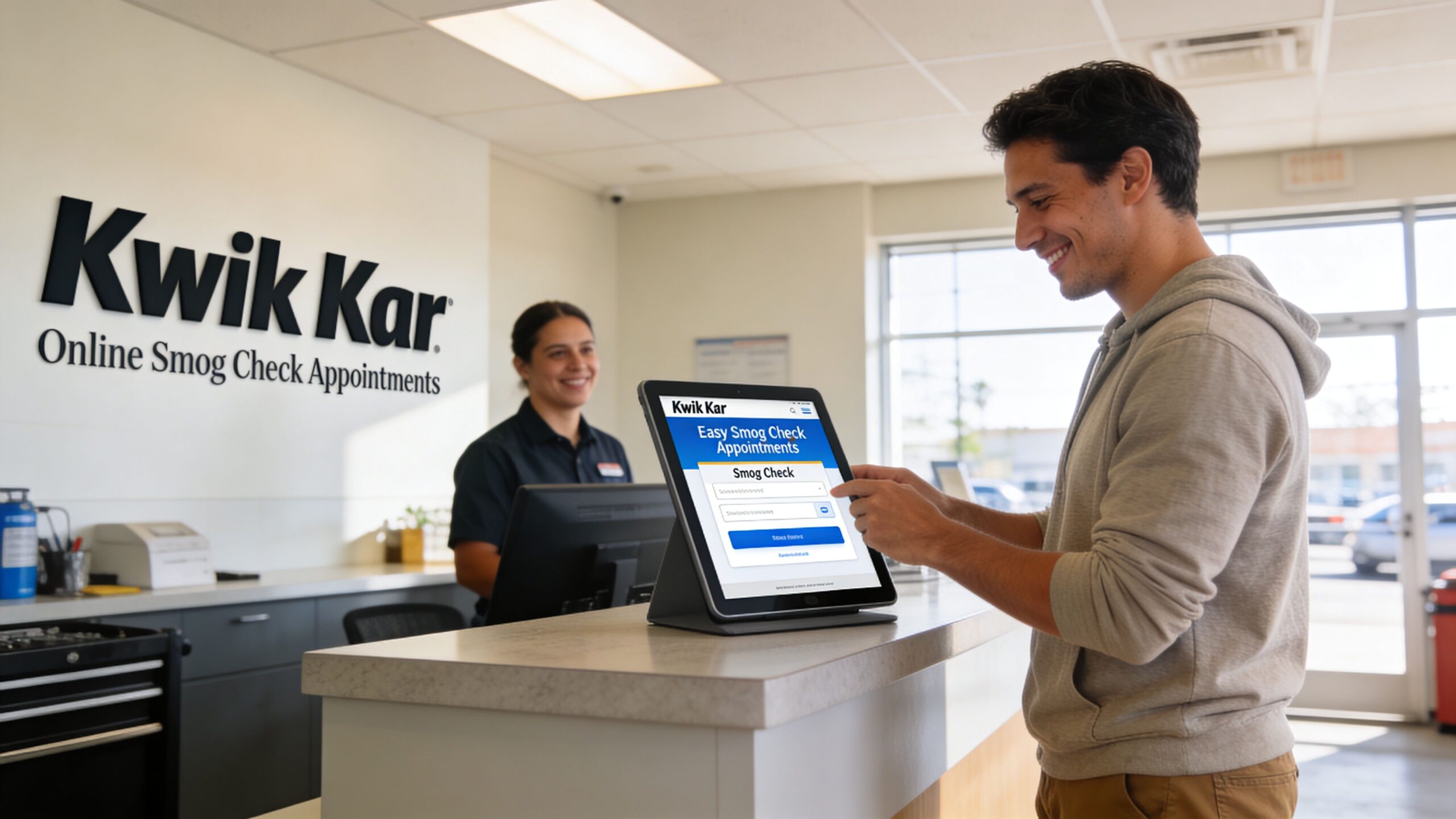 A customer smiling while using a tablet for a smog check appointment at a service center.