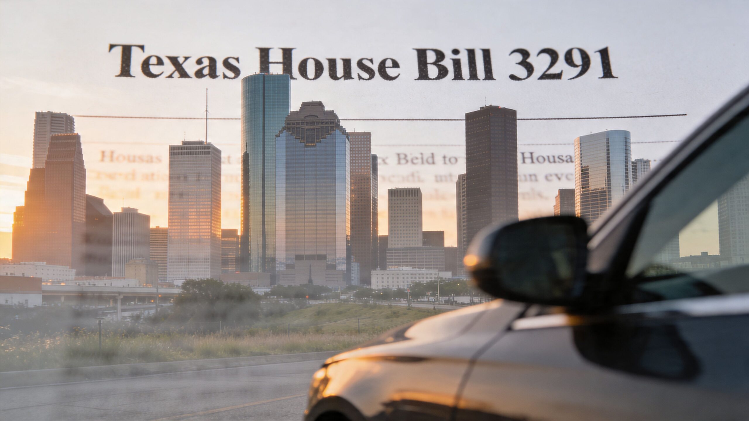 A view of the Houston skyline during sunset seen through a car windshield with text overlay.