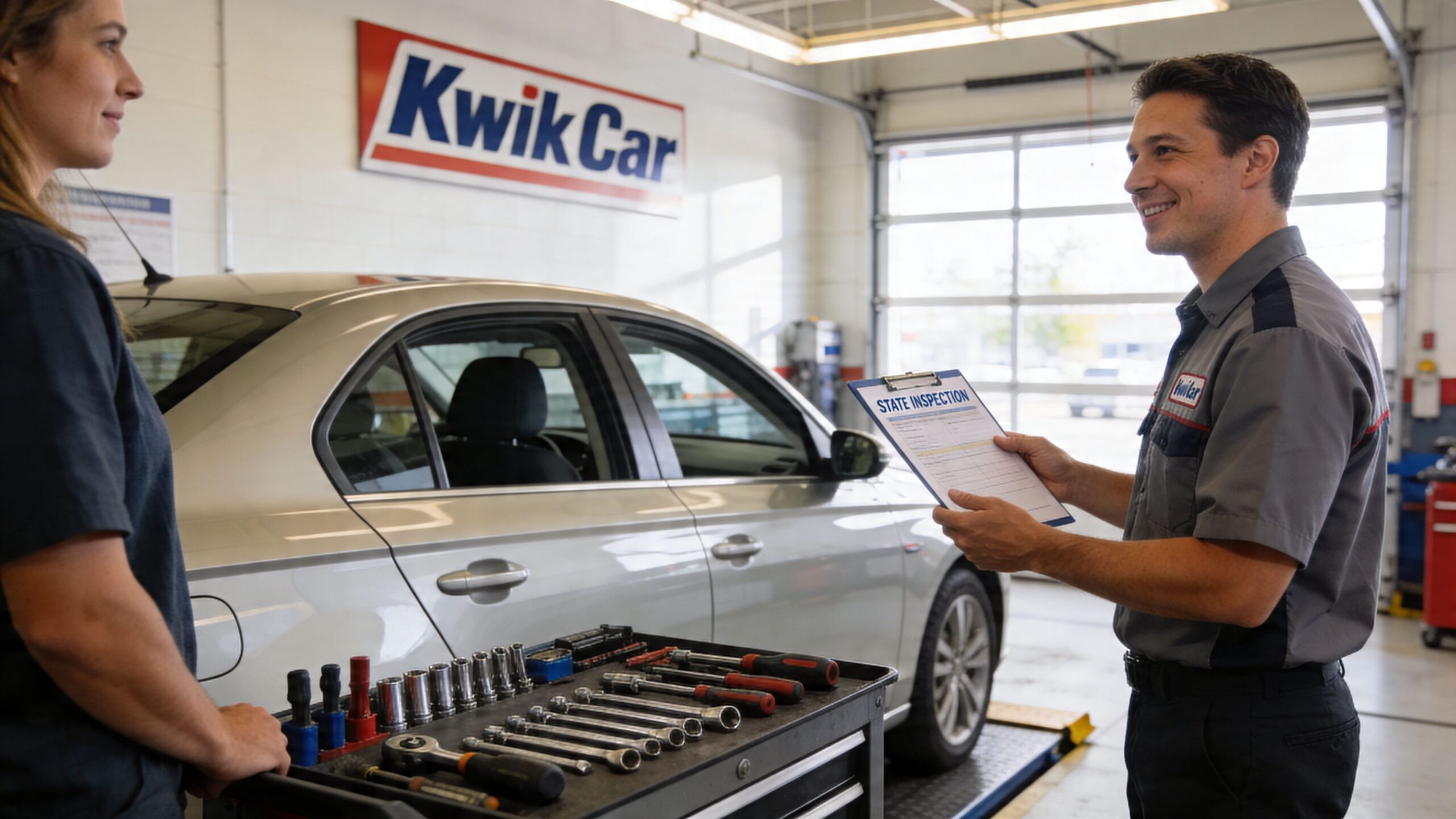 A professional automotive technician discusses a vehicle state inspection report with a colleague at an auto shop.