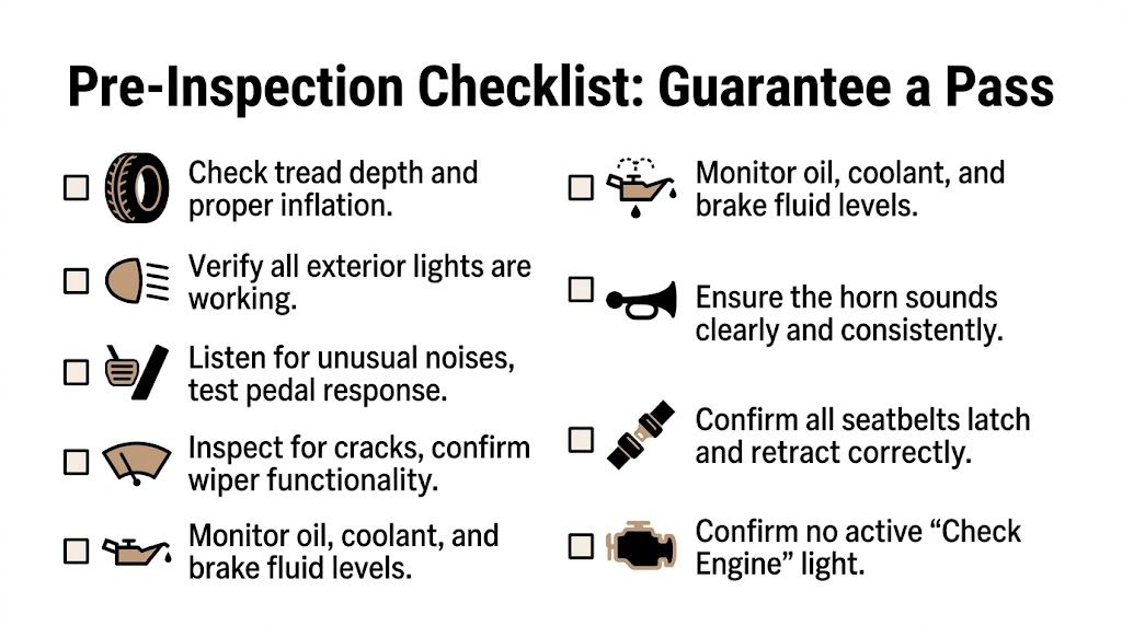 A car pre-inspection checklist featuring icons for tires, lights, brakes, wipers, fluids, horn, seatbelts, and engine diagnostics.