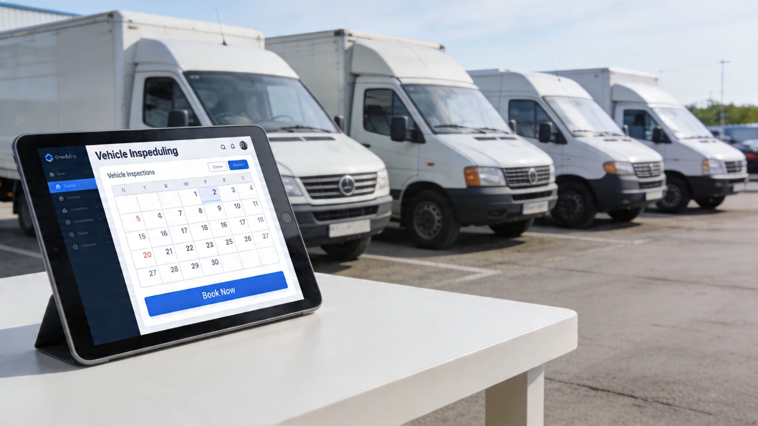 A tablet on a white table displaying a vehicle inspection calendar with parked trucks in the background.