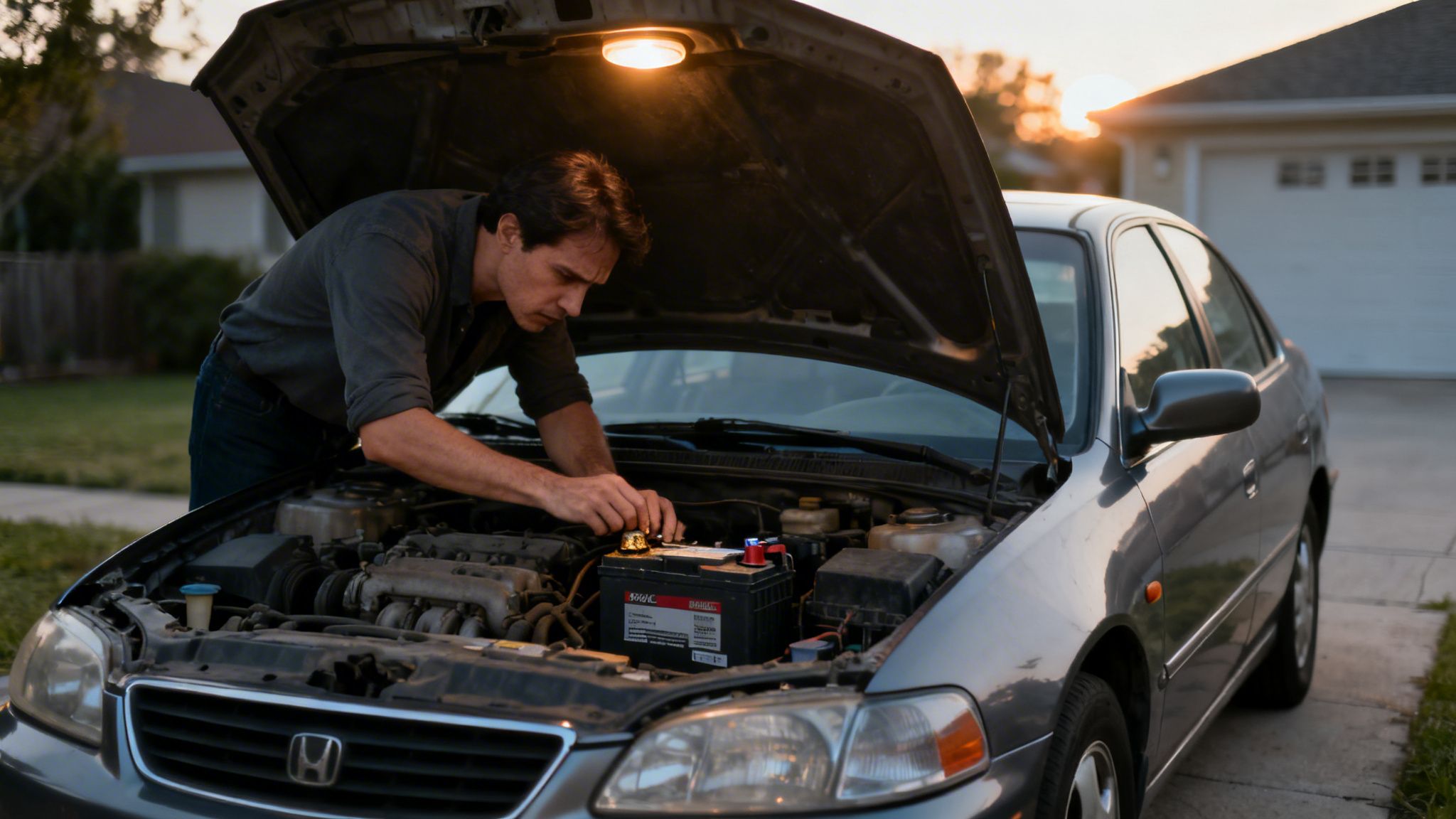 Man changing car battery at sunset in his driveway, illuminated by a light under the hood.