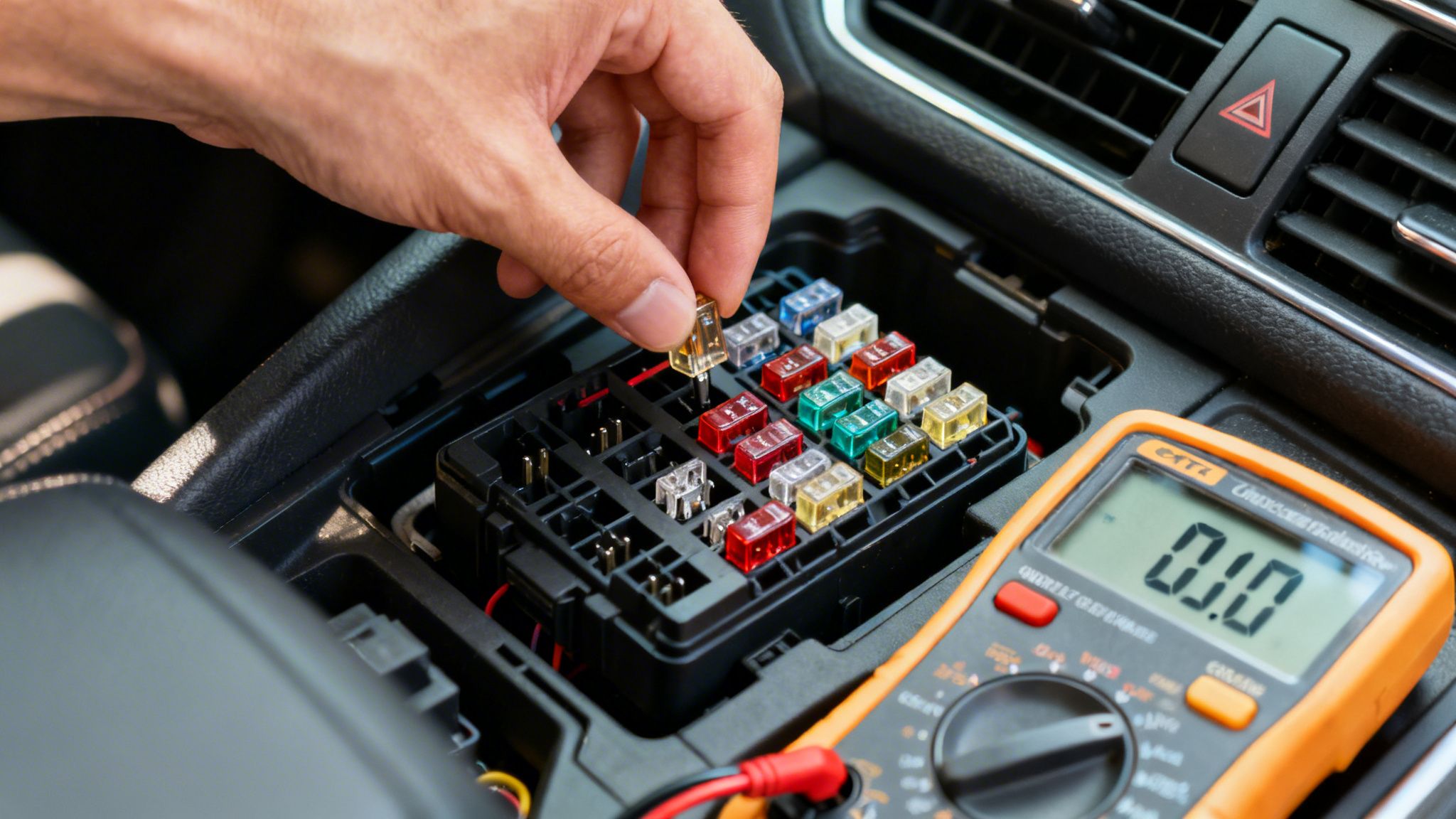 A person's hand replaces a clear car fuse in a fuse box, with a multimeter showing 0.0.