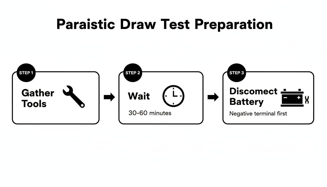 A three-step flowchart for parasitic draw test preparation: gather tools, wait 30-60 minutes, then disconnect the battery.