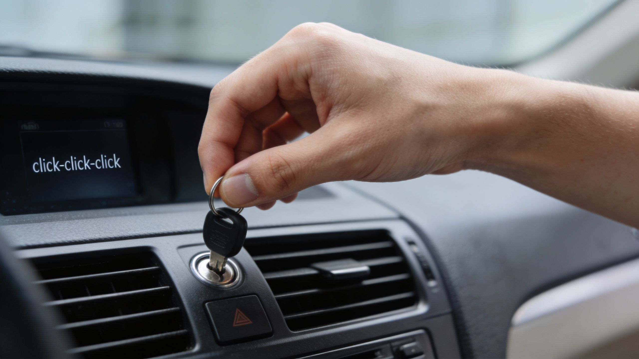 A person trying to start their car with a key, facing issues with a potential dead battery.