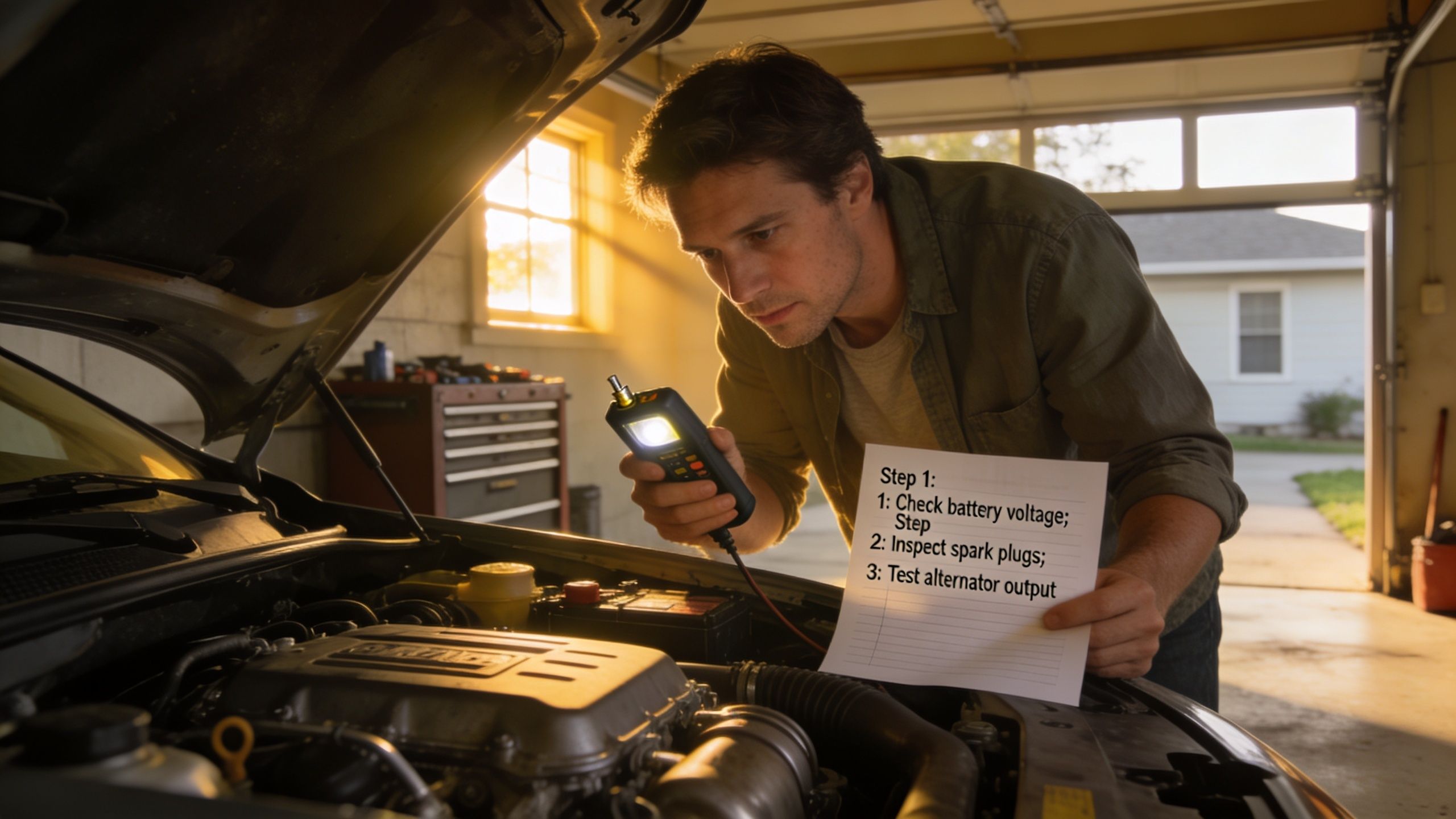 A man in a garage uses a digital multimeter to diagnose his vehicle's electrical system.