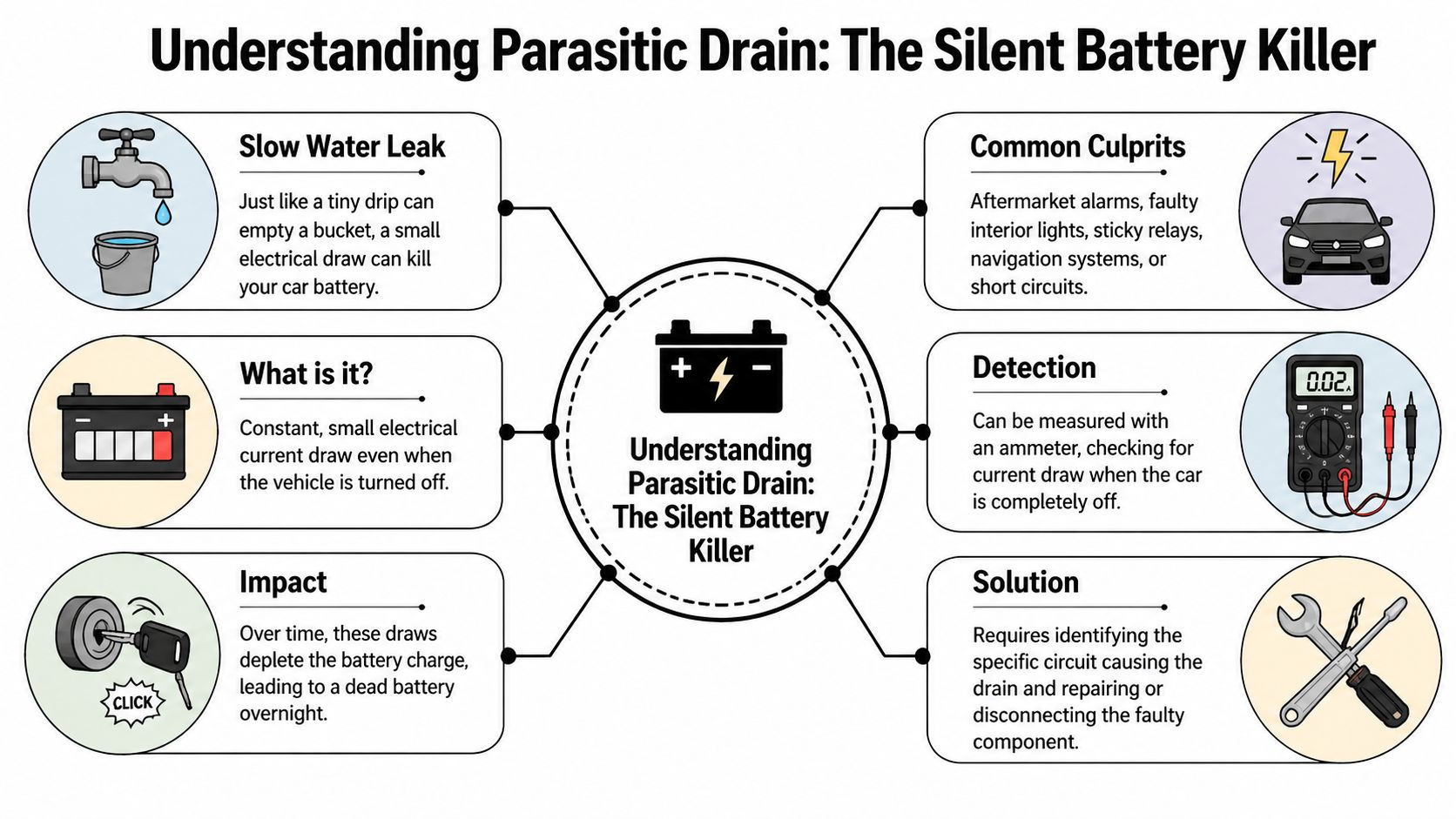 An infographic titled Understanding Parasitic Drain explaining causes, symptoms, and solutions for a car battery dying overnight.