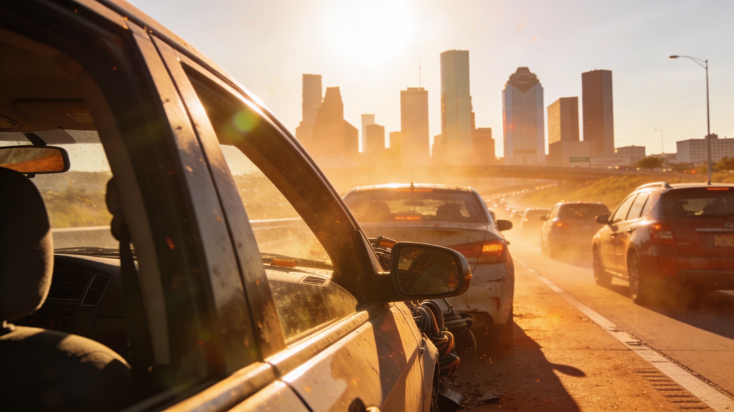 Cars stuck in heavy traffic during sunset in a city with skyscrapers in the background.