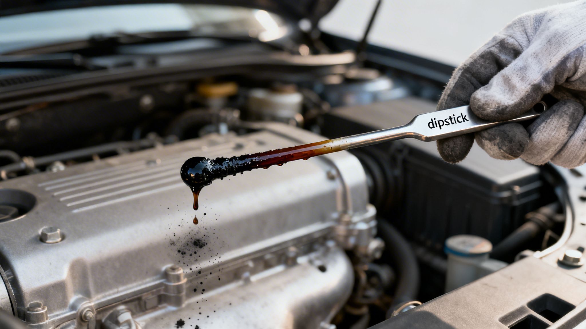 A gloved hand pulls out a car engine oil dipstick showing dark, used oil dripping over the engine.