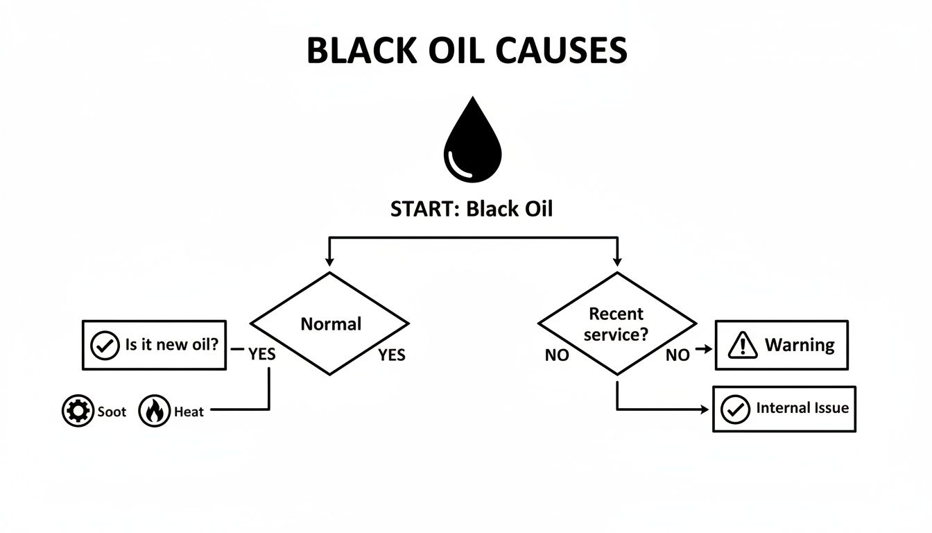 Flowchart illustrating the causes of black engine oil, distinguishing between normal conditions and potential issues.