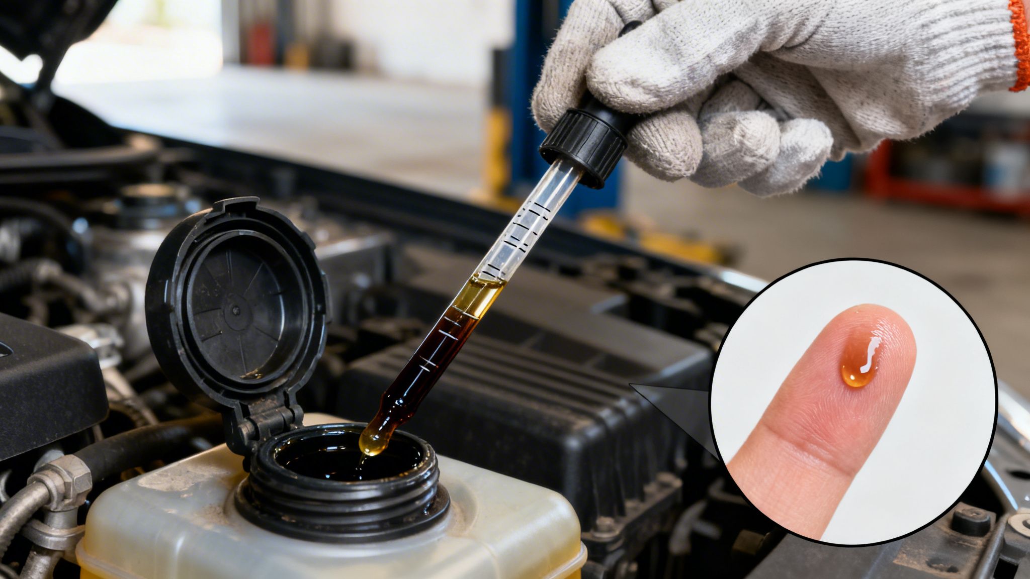 A gloved hand uses a dropper to collect dark engine oil from a car for inspection.