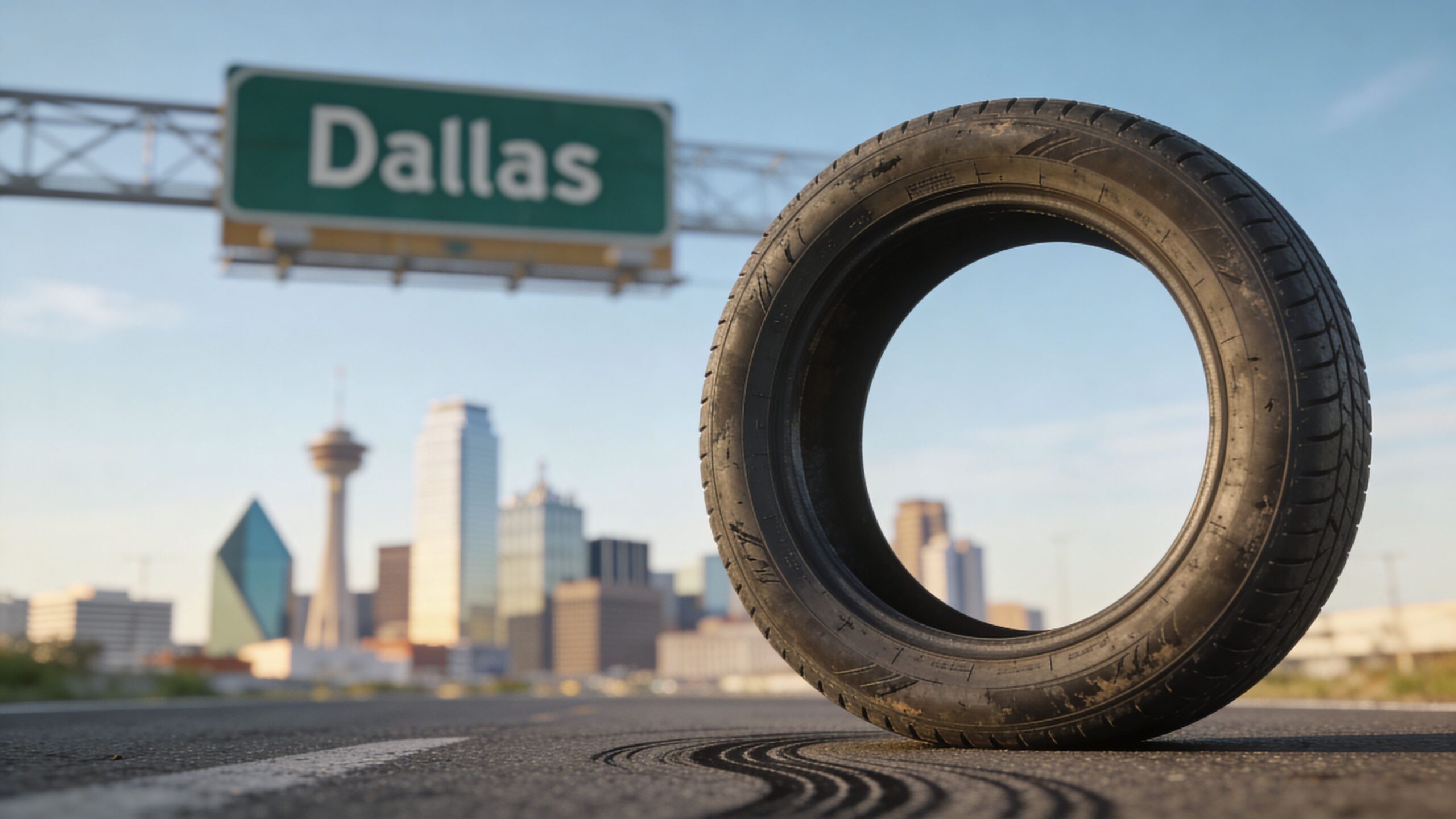 A single car tire resting on an asphalt road in front of the Dallas city skyline.