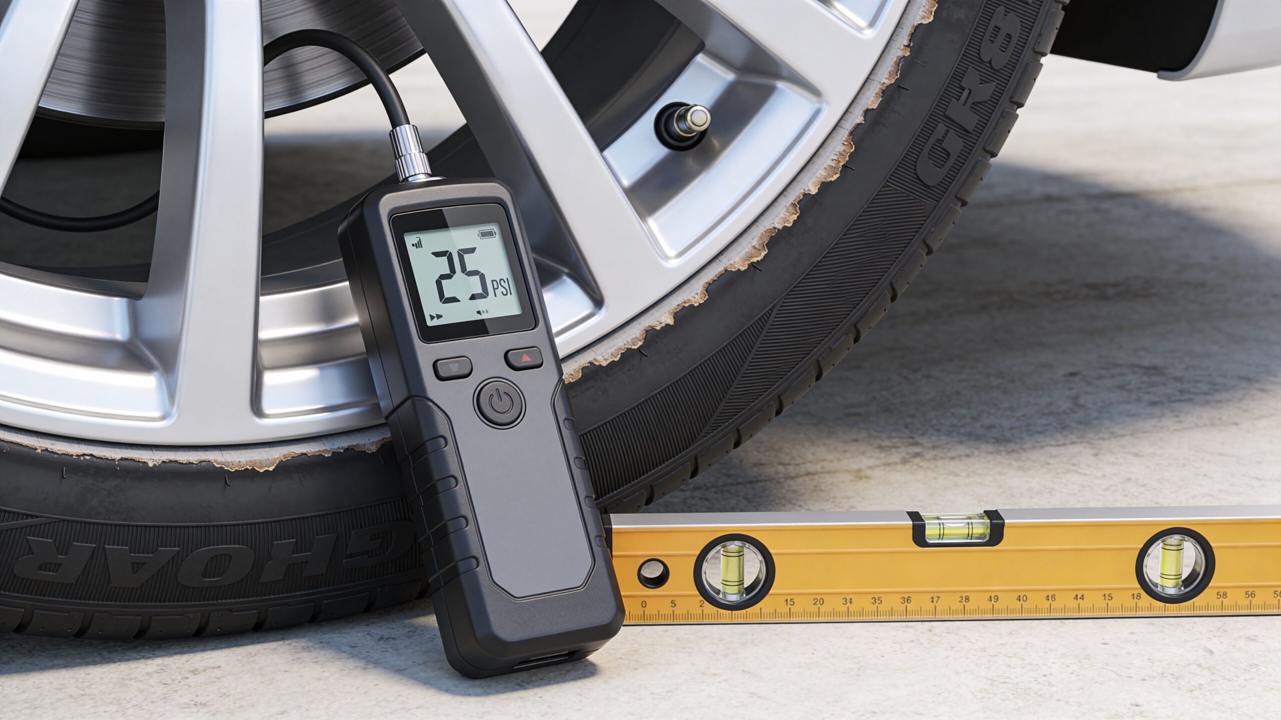 A digital tire pressure gauge and a level tool resting near a vehicle tire with uneven wear.