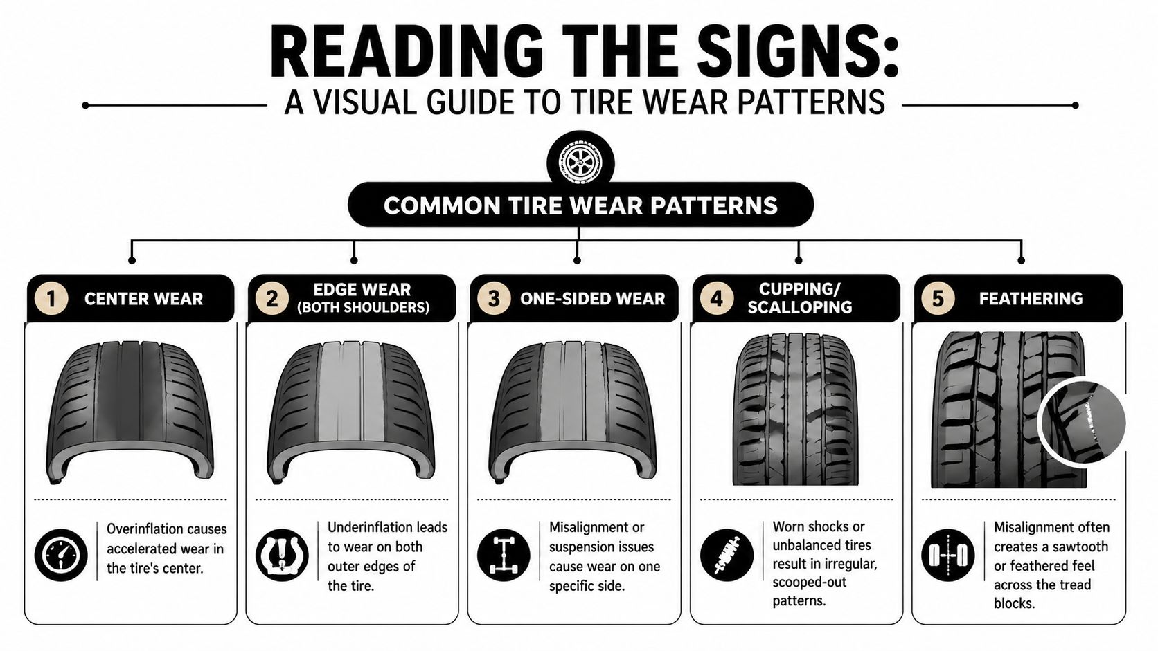 An infographic showing five common tire wear patterns and the mechanical issues causing each condition.