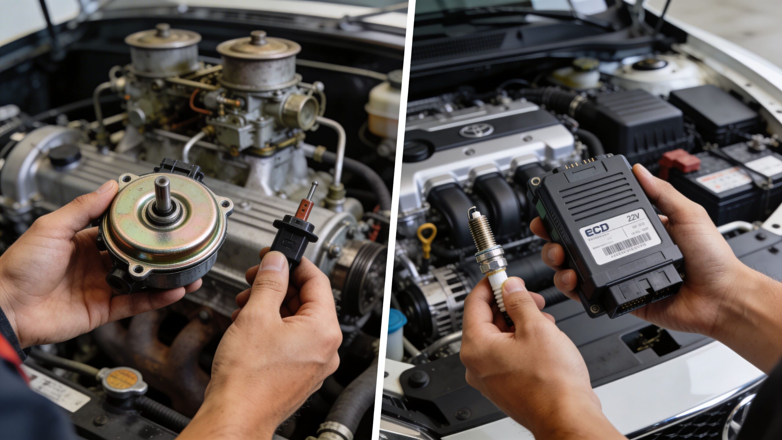 A split-screen comparison showing car engine components being held in front of a mechanic's engine bay.