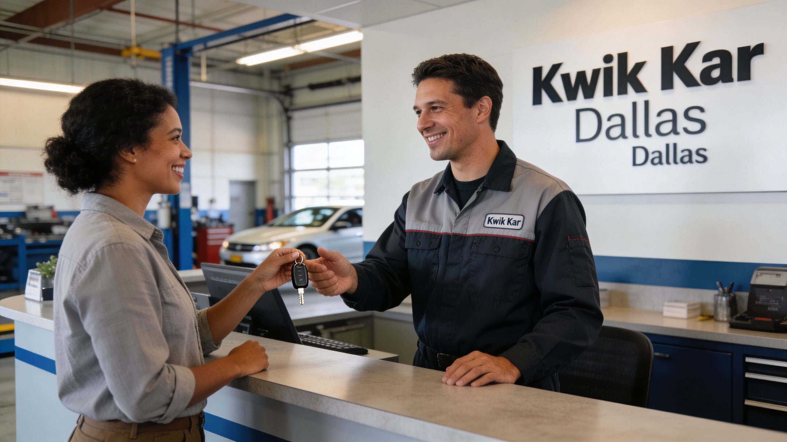 A service advisor hands a car key to a customer at a Kwik Kar service desk.