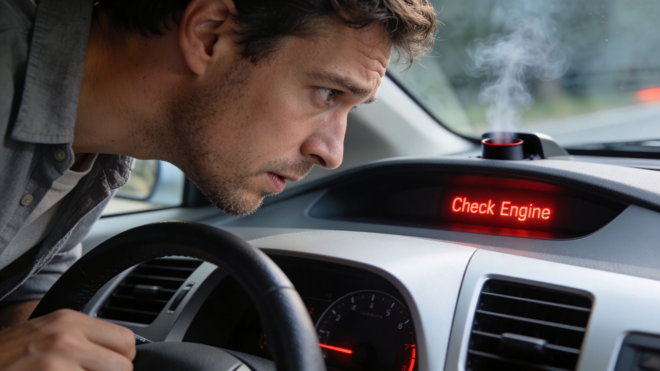 A concerned driver looks at a smoking dashboard with a glowing Check Engine warning light.