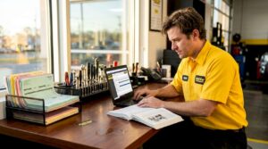 Service advisor preparing car maintenance estimate