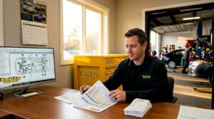 Manager reviewing repair estimates at desk