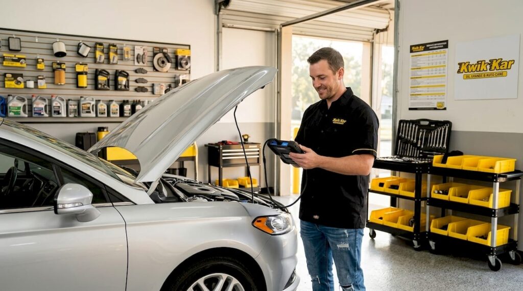 Technician running diagnostics on sedan