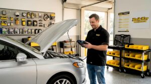 Technician running diagnostics on sedan