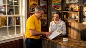 Customer reviewing car repair estimate in shop