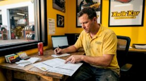 Mechanic reviewing repair estimates at desk