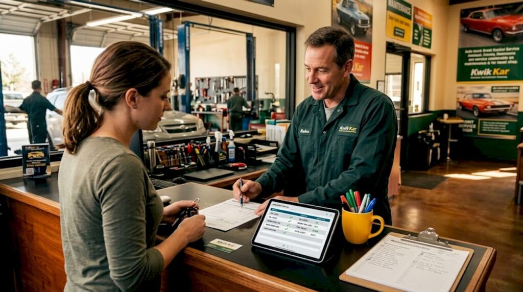 Mechanic explains repair estimate to car owner