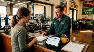Mechanic explains repair estimate to car owner