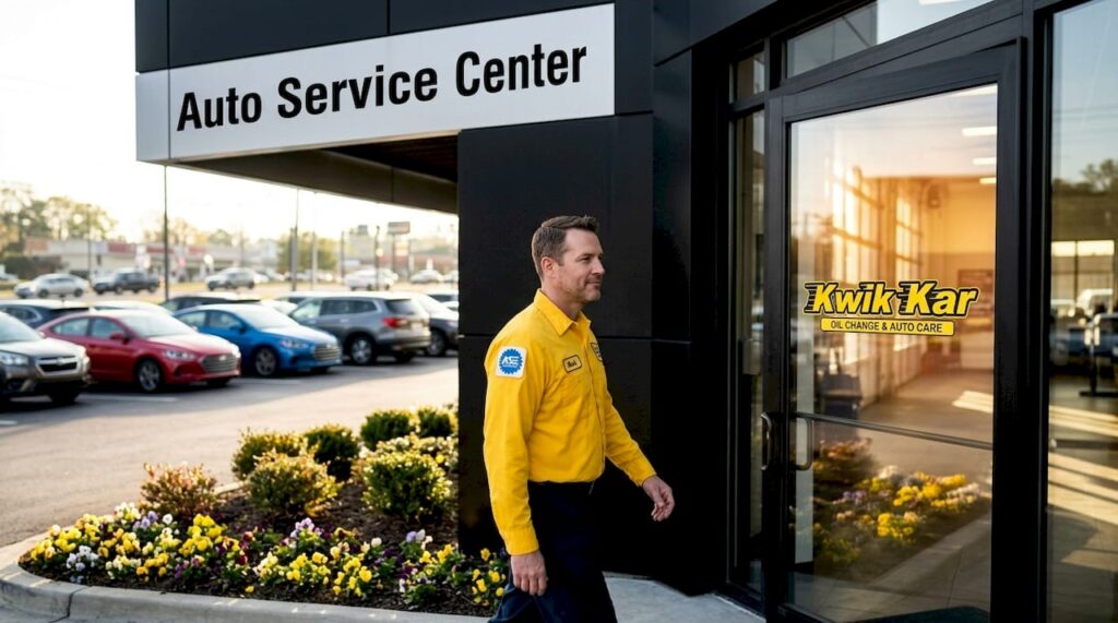 Technician approaching auto shop entrance