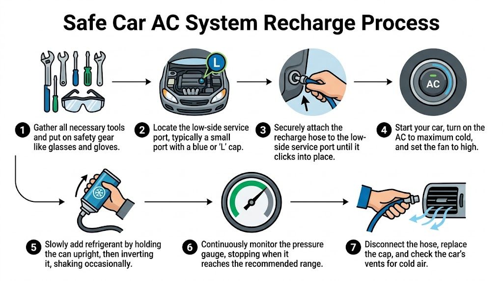 An infographic showing a seven-step guide on the safe process for recharging a car AC system.