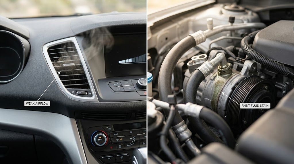 A split image showing a car dashboard with weak airflow and an engine component with fluid stains.