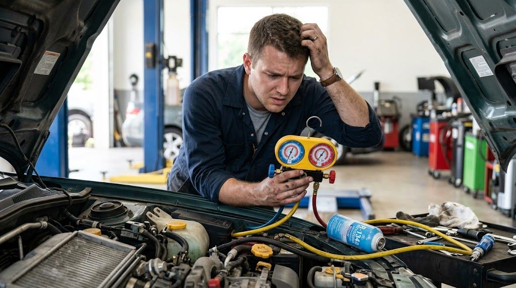 A confused car mechanic checking the air conditioning system of a vehicle in an auto repair shop.