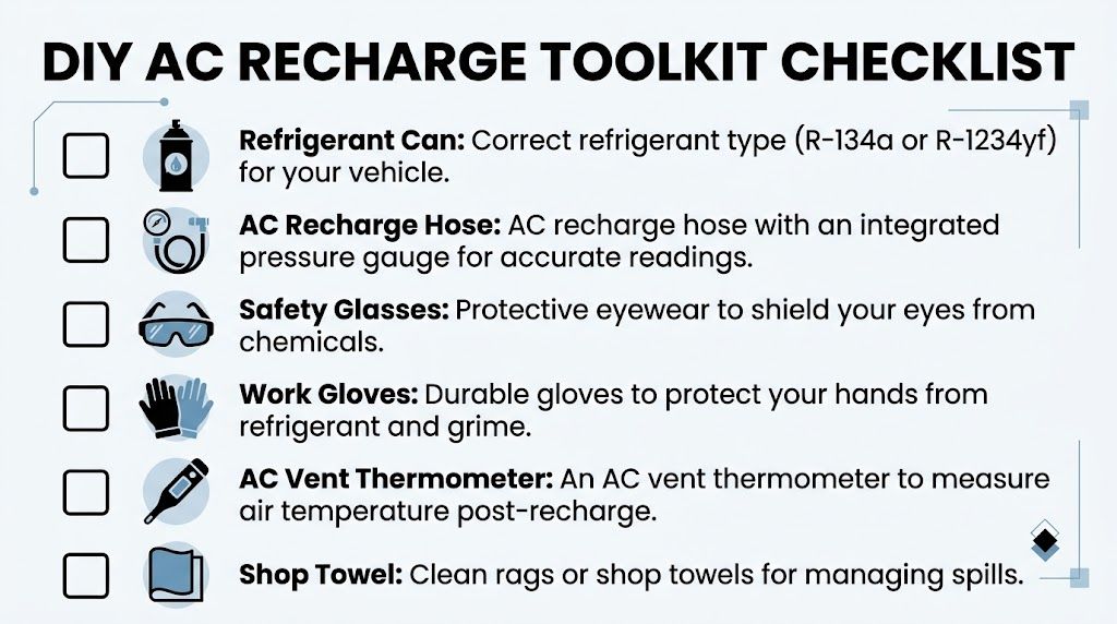 A checklist for a DIY AC recharge toolkit listing essential items including refrigerant, gauge, safety gear, and towels.