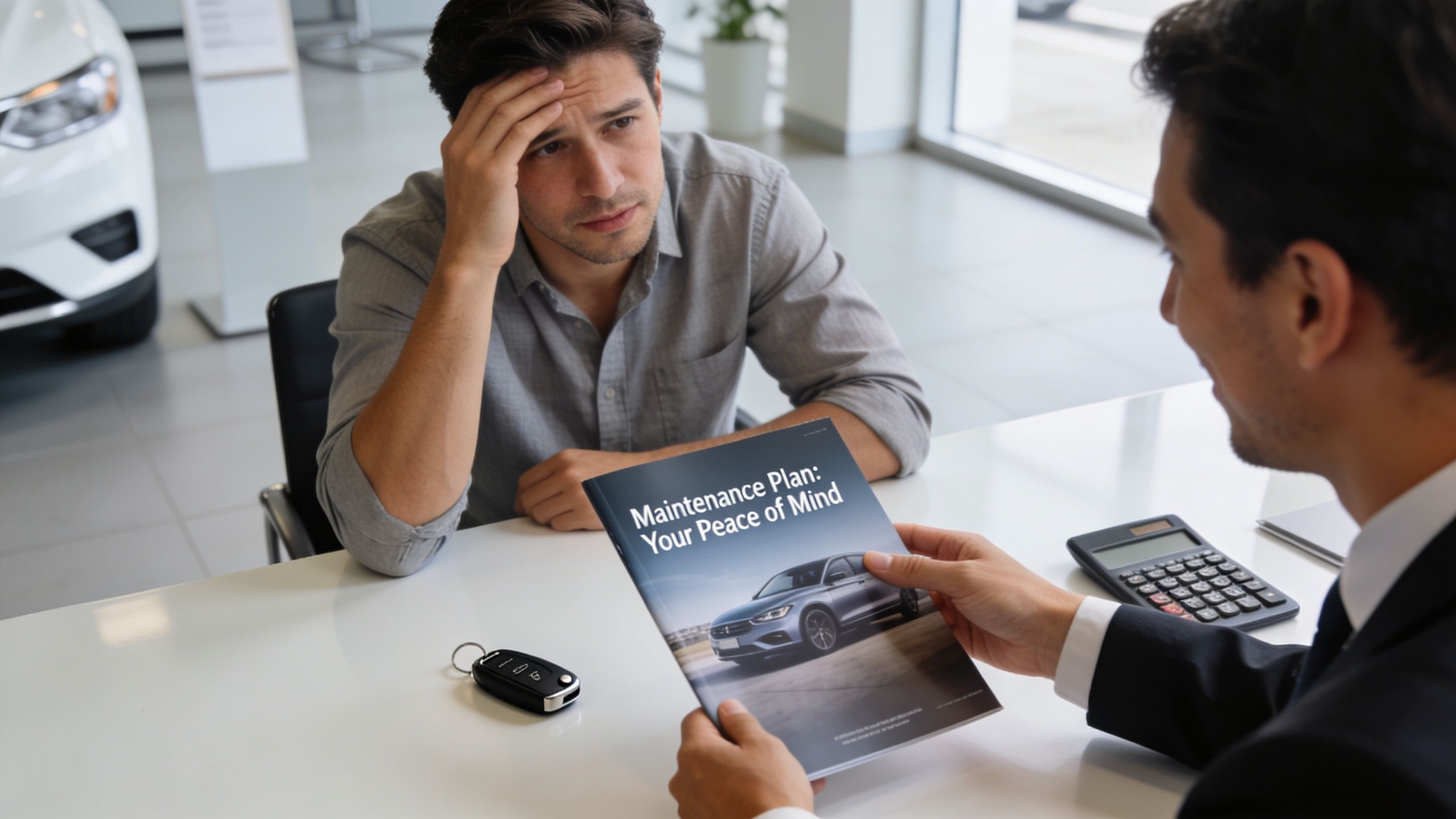 A stressed customer looking at a car maintenance plan brochure held by a professional car salesman.