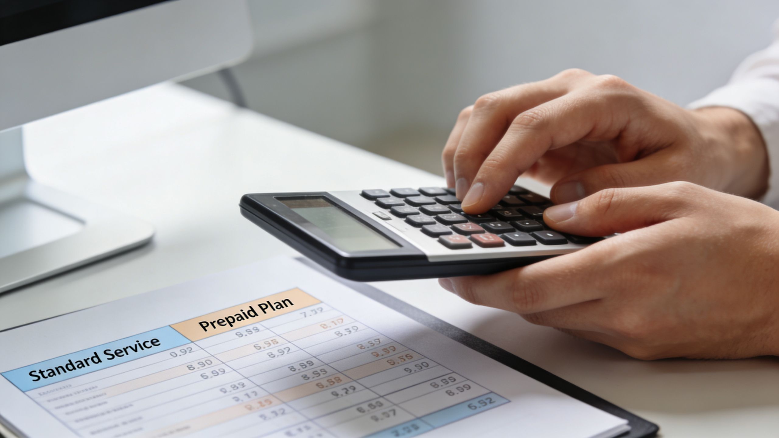 A person uses a calculator while reviewing a financial document featuring prepaid plan service options.