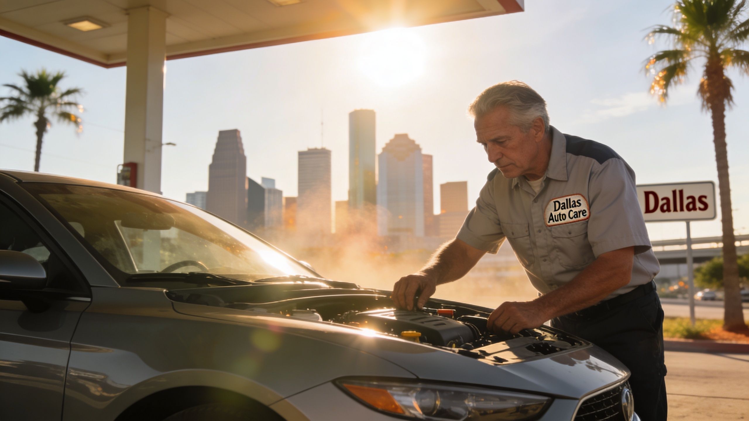 A professional mechanic from Dallas Auto Care inspecting an engine under the hood of a sedan.
