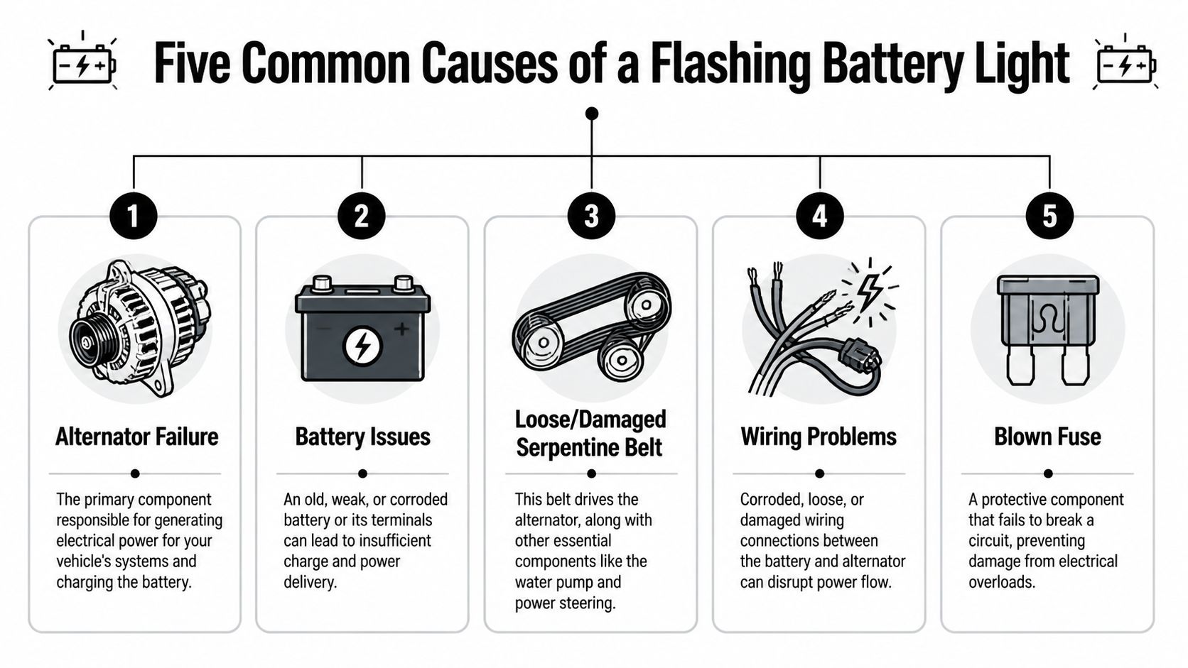 An infographic showing five common reasons for a flashing dashboard battery warning light in a vehicle.