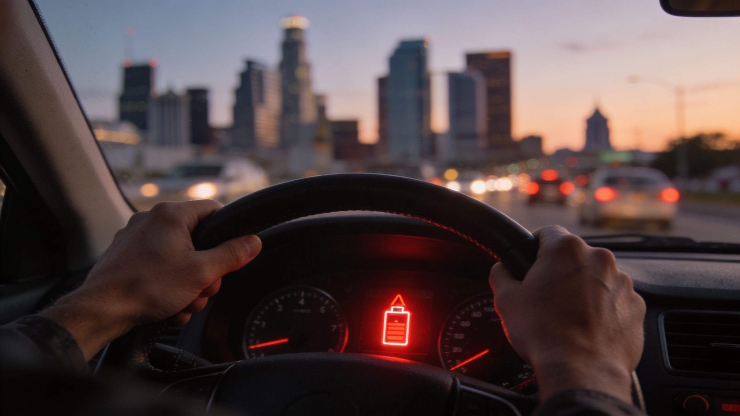 A person driving a car at twilight while the dashboard displays a red battery warning light.