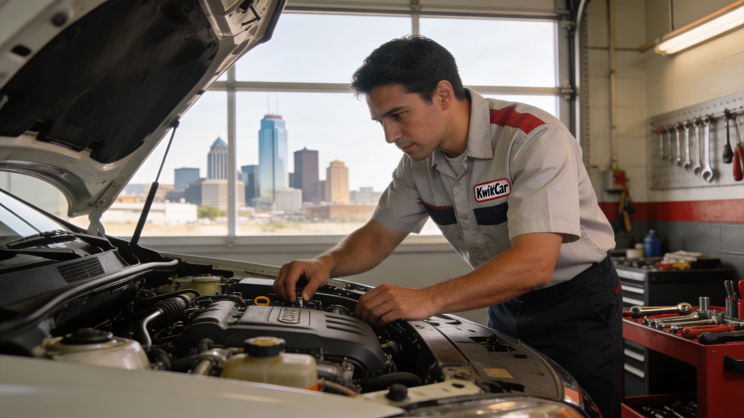 A professional mechanic in a KwikCar uniform inspecting a car engine inside a garage workshop.