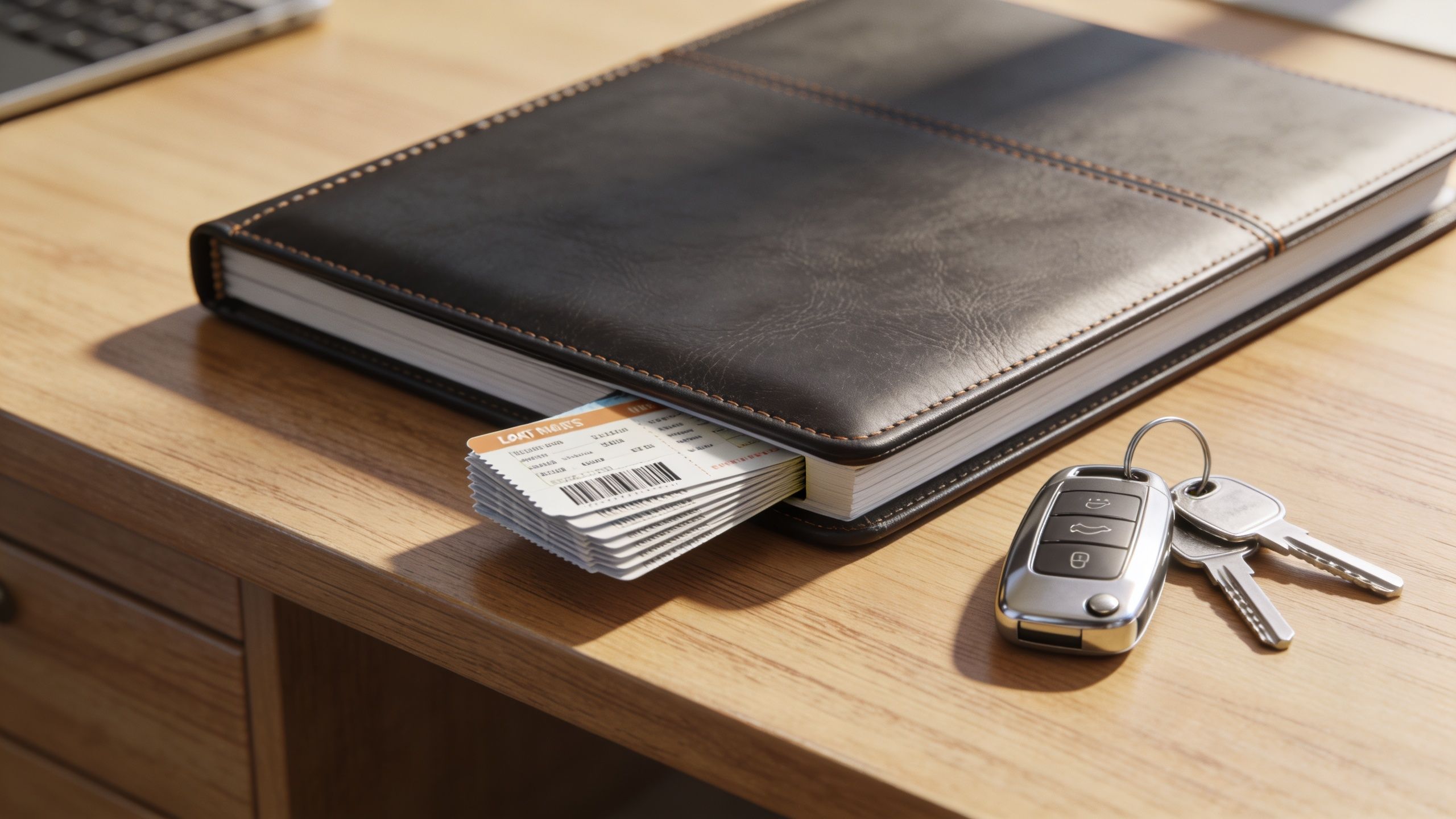 A leather notebook with a stack of coupons sticking out next to a set of car keys.