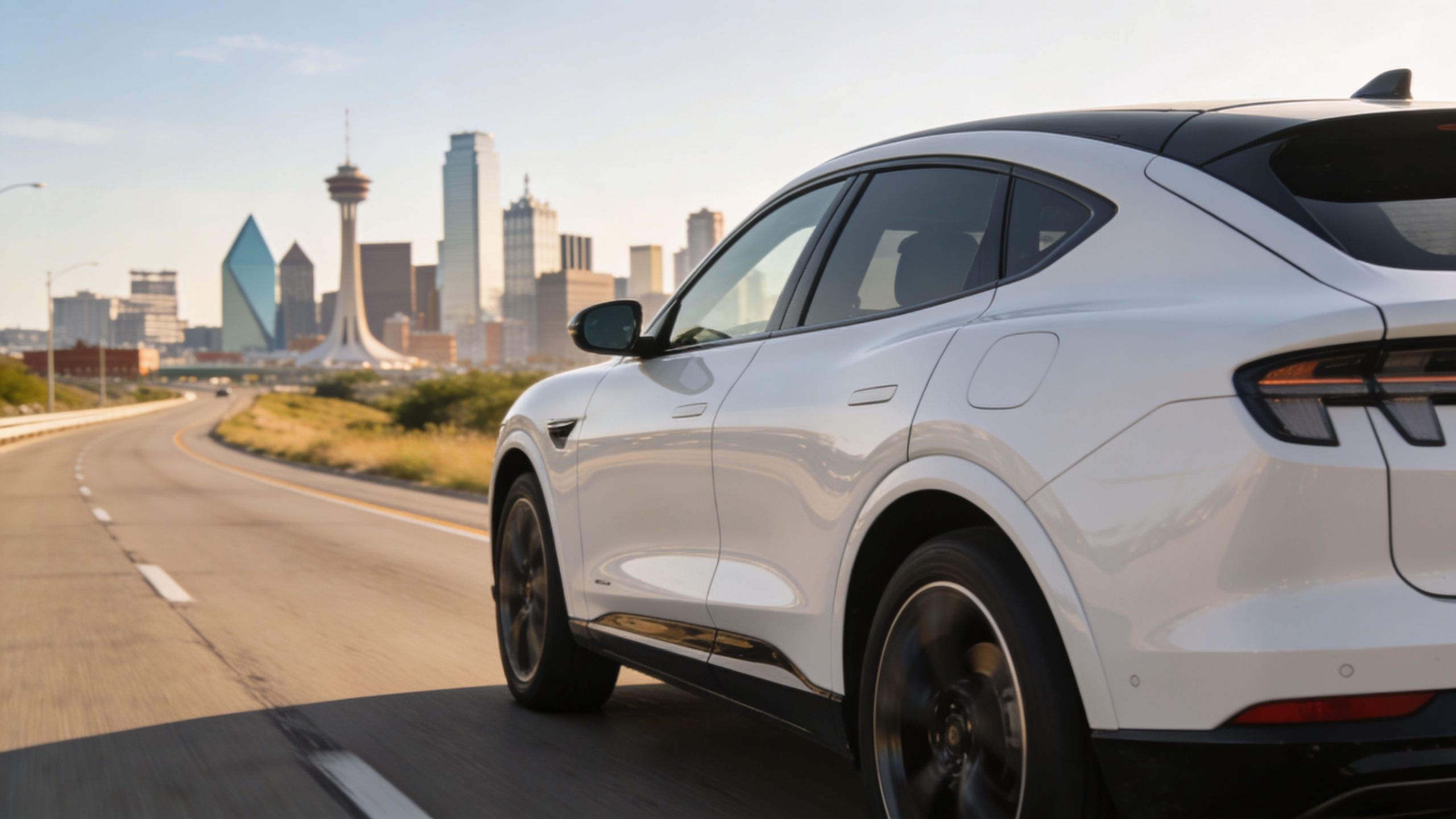 A modern white electric crossover SUV driving on a highway with the Dallas skyline in the background.